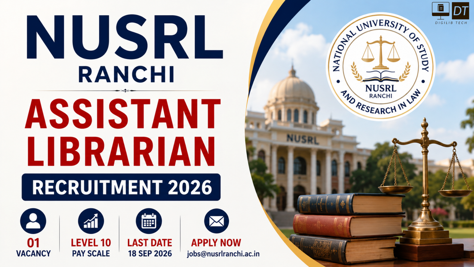 Assistant Librarian Recruitment 2026 at NUSRL Ranchi – Apply for 01 Regular Post